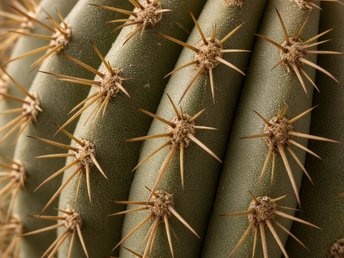 Close-up of curling leaves on Barrel Cactus - contracted rib grooves beside firm spine areoles