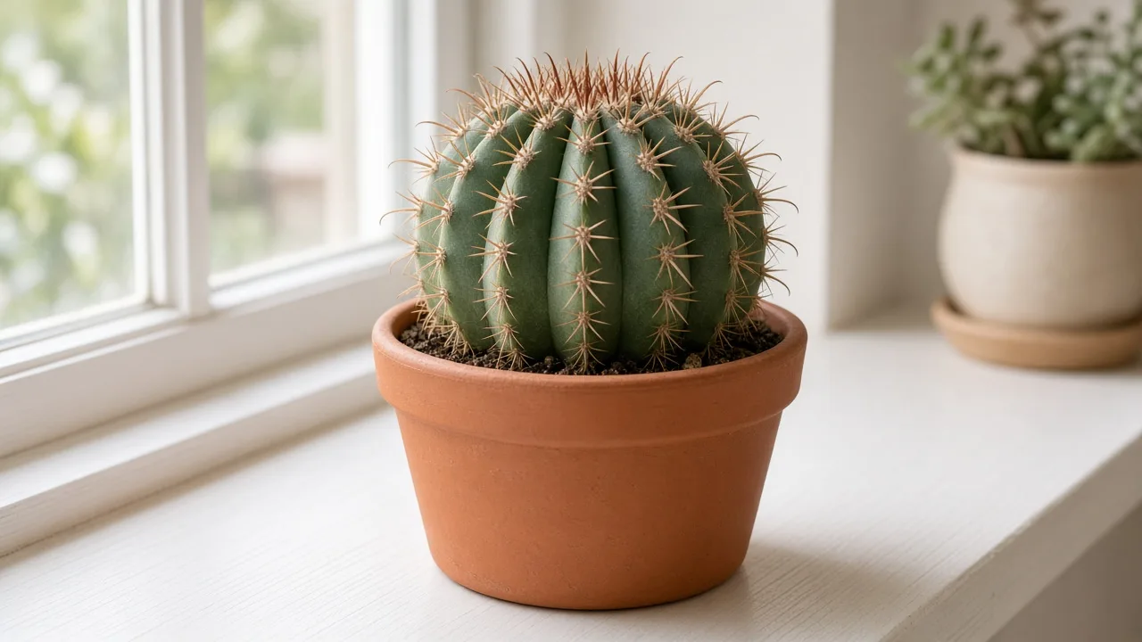 Curling leaves on Barrel Cactus - slightly contracted ribs on a firm ribbed Ferocactus in a south window
