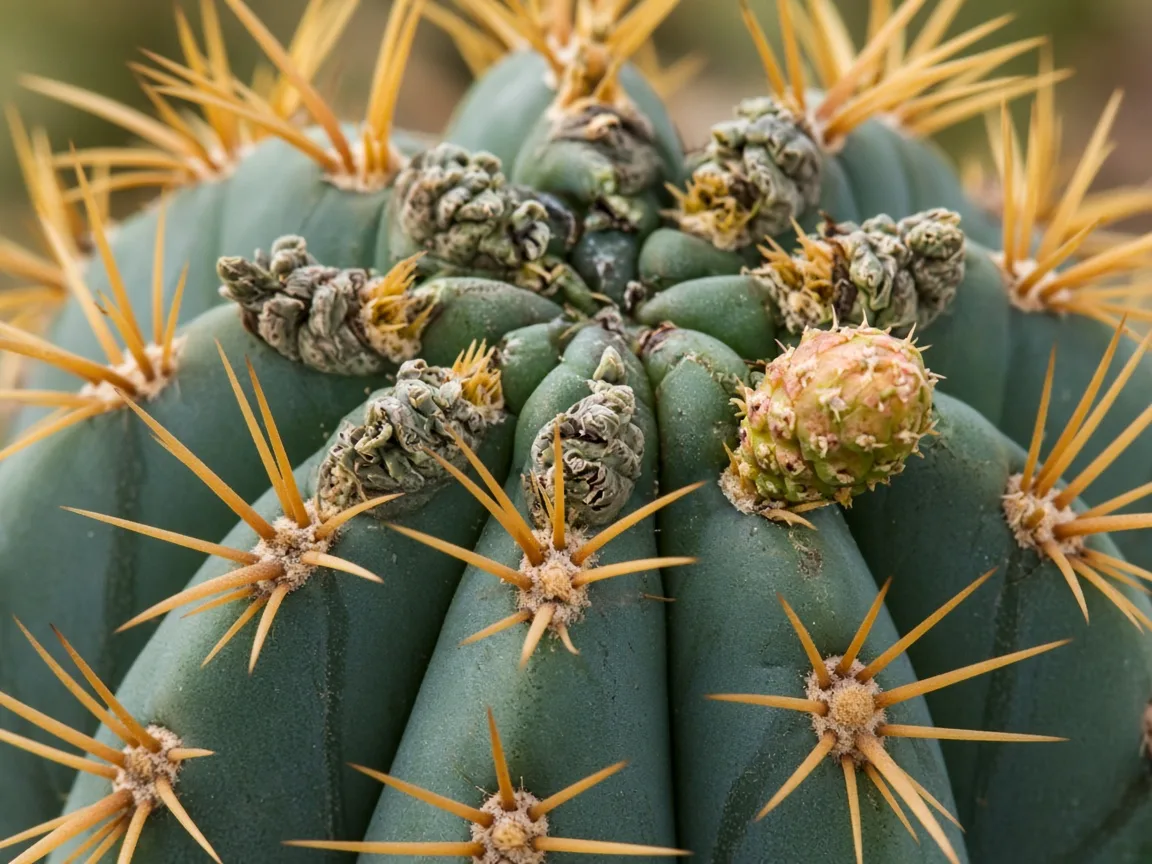 Close-up of distorted crown growth on barrel cactus showing stunted asymmetric areoles and a warped flower bud at the rib convergence