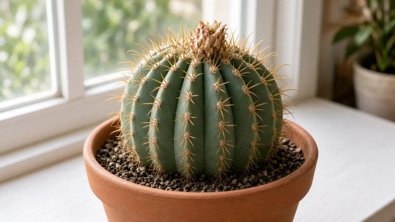 Distorted growth on Barrel Cactus - uneven crown ribs and stunted new areoles at the growing tip
