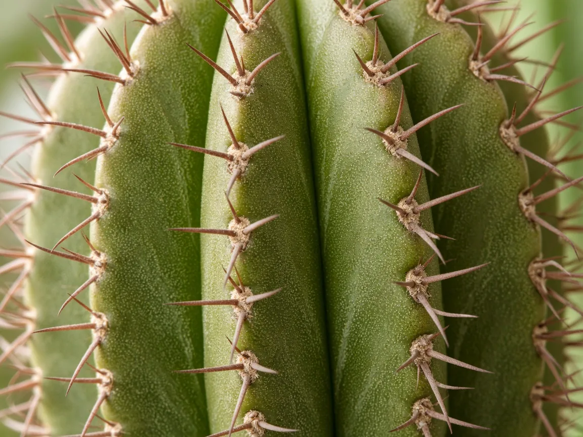Close-up of pinched ribs and slight lean on a ribbed barrel cactus stem