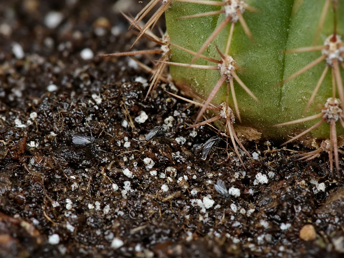 Close-up of tiny dark fungus gnats on damp soil at the base of a ribbed barrel cactus