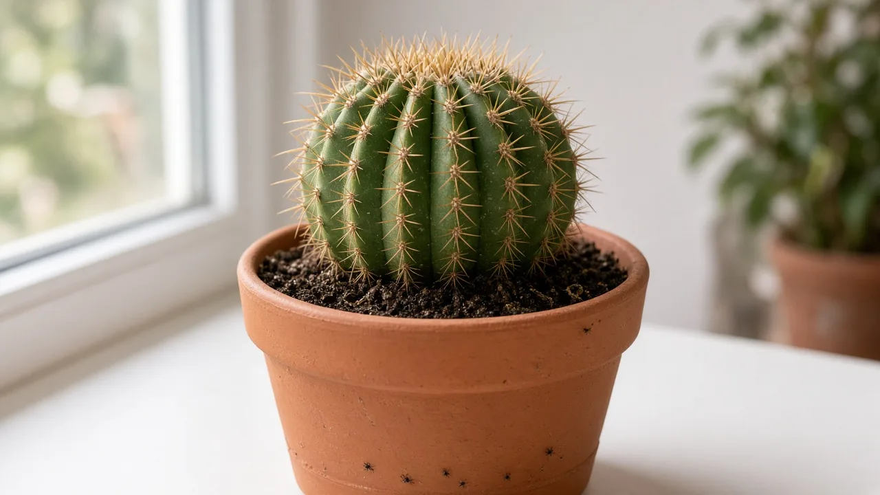 Fungus gnats on Barrel Cactus - tiny flies above damp soil at the base of a ribbed Ferocactus in a clay pot