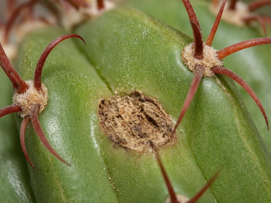 Close-up of holes in leaves on Barrel Cactus - sunken scar on rib epidermis between areoles