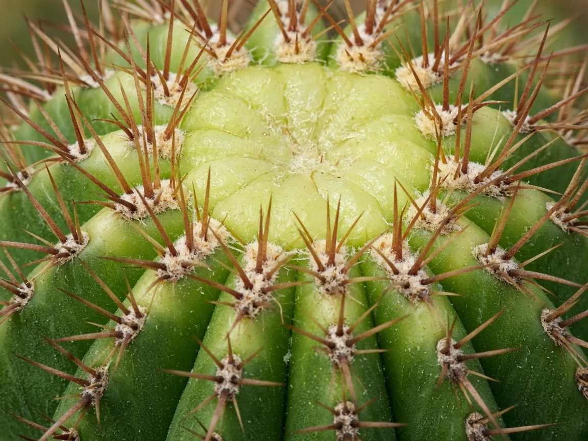 Close-up of iron deficiency on Barrel Cactus - pale washed-out crown areole tissue