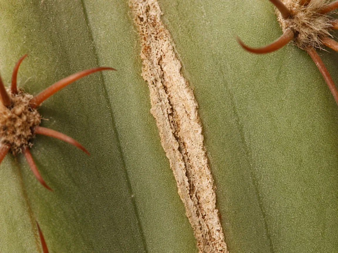 Close-up of a pale linear scar on a barrel cactus rib beside spine areoles — not a true internal leaf mine