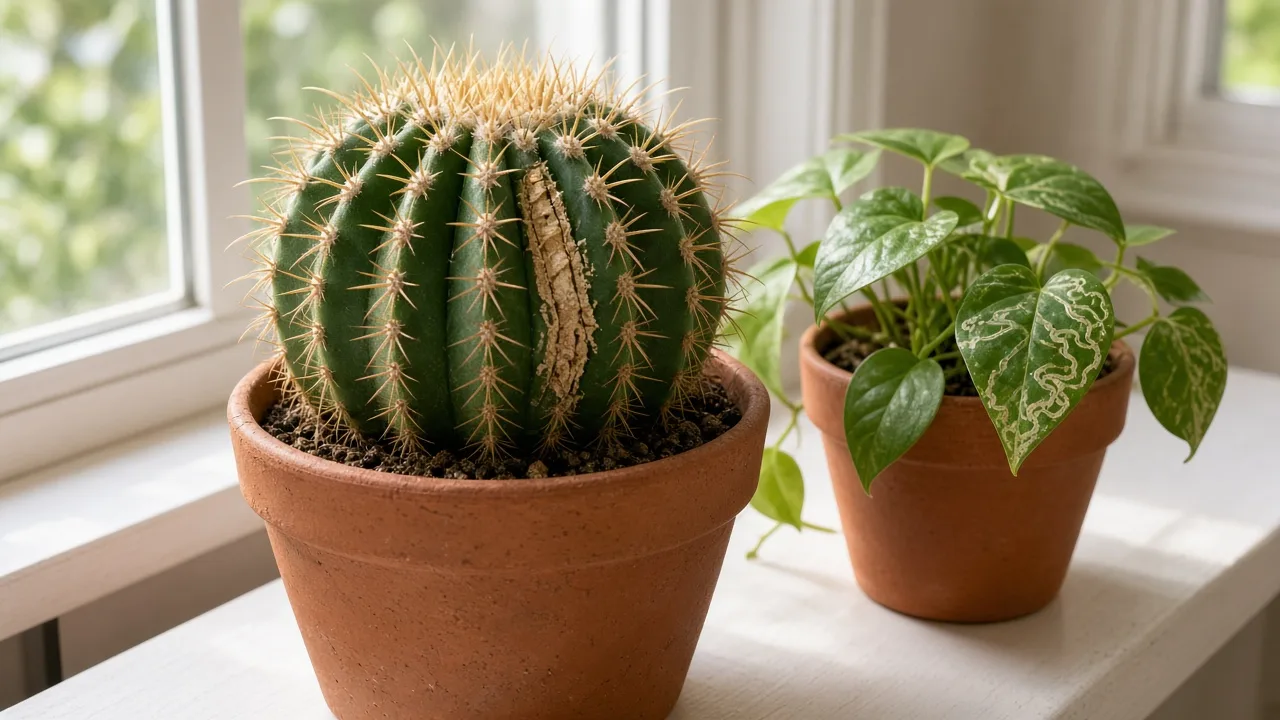 Leaf miners on Barrel Cactus - ribbed Ferocactus on a sunny windowsill beside a leafy houseplant where serpentine mines are more likely