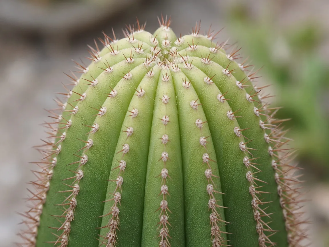 Close-up of wide rib spacing and pale stretched apex on a barrel cactus leaning toward light