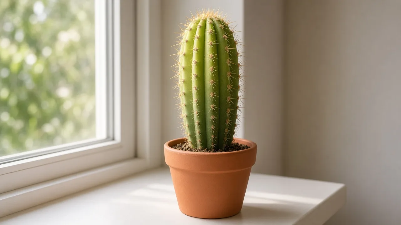 Leggy growth on Barrel Cactus - tall narrow ribbed column leaning toward a bright window