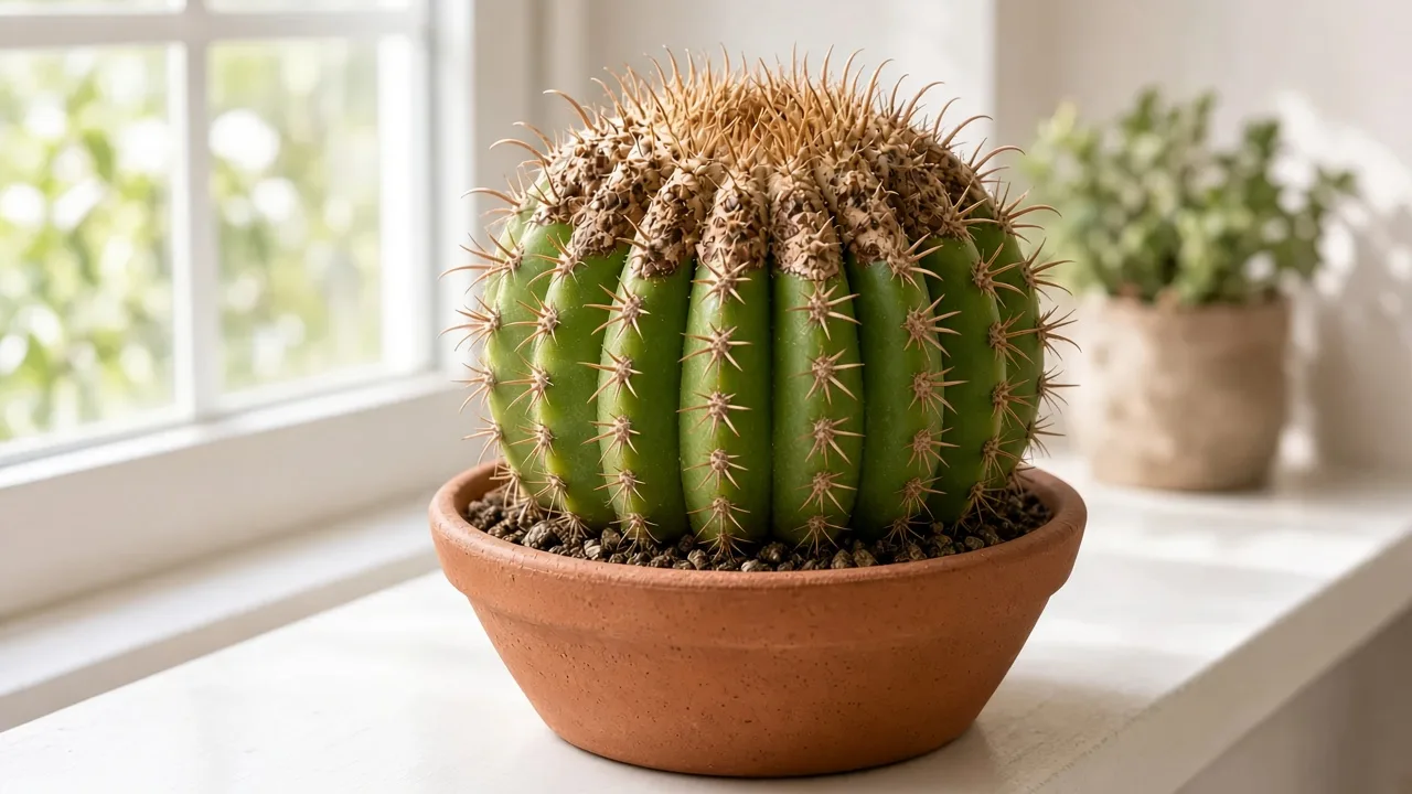 Low humidity on barrel cactus - slightly contracted ribs on a ribbed Ferocactus in a dry sunny windowsill