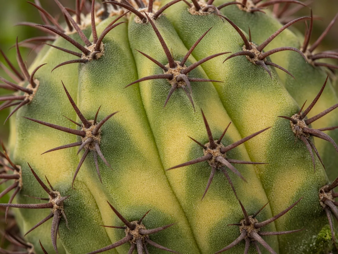 Close-up of magnesium deficiency on Barrel Cactus - pale rib valley banding