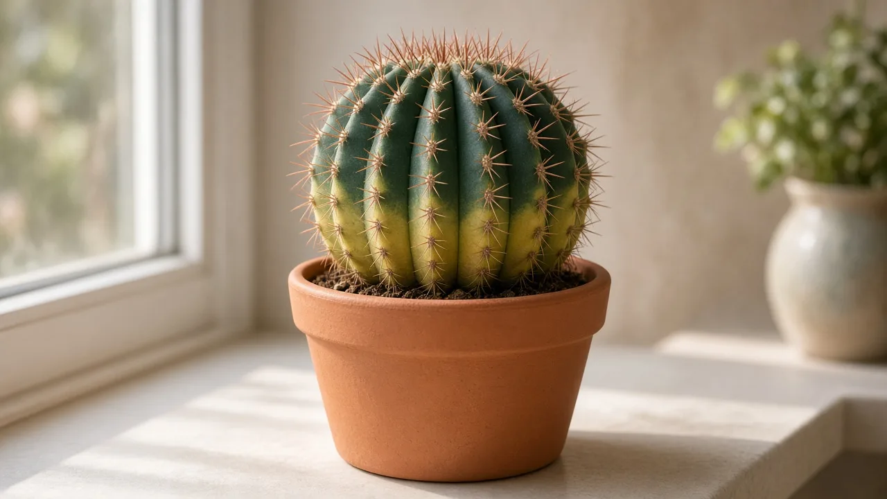 Magnesium deficiency on Barrel Cactus - pale yellow-green bands on lower rib valleys of Ferocactus