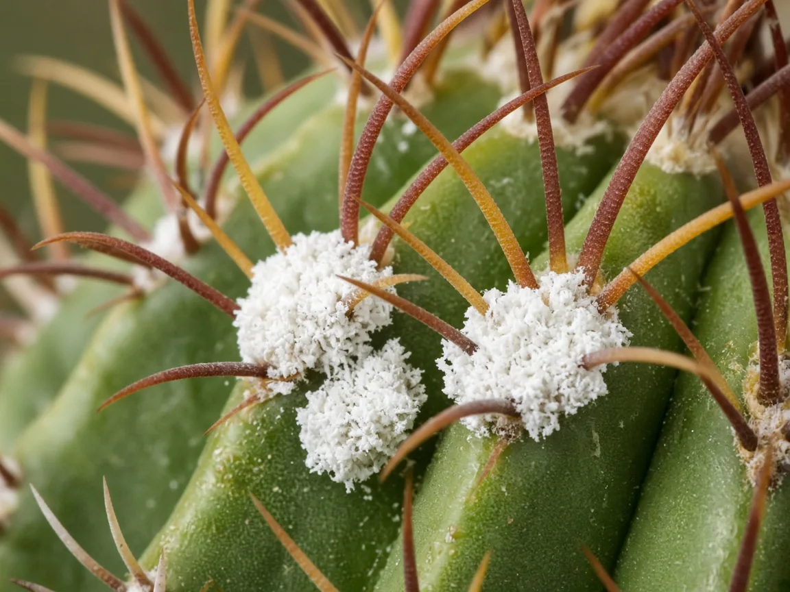 Close-up of white cottony mealybug wax masses tucked into barrel cactus crown areoles between spine clusters