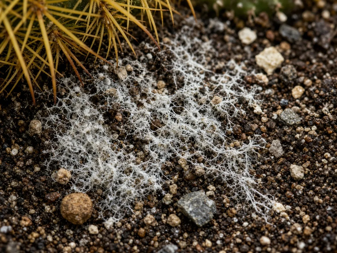 Close-up of mold on soil on Barrel Cactus - diagnostic detail