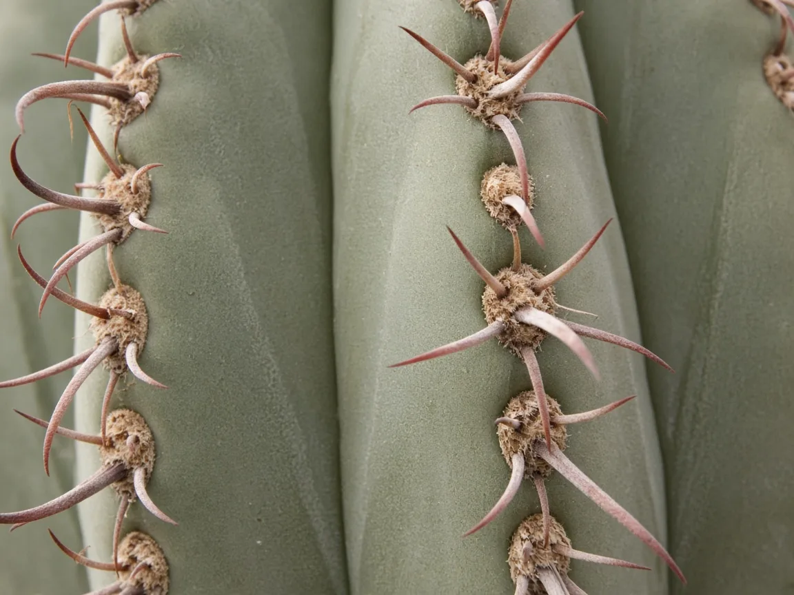 Close-up of nitrogen deficiency on Barrel Cactus - dull pale green-gray lower rib skin