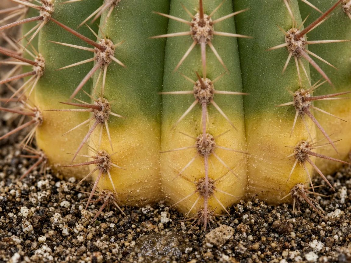 Close-up of yellow translucent lower ribs and soft soil line on wet mineral mix