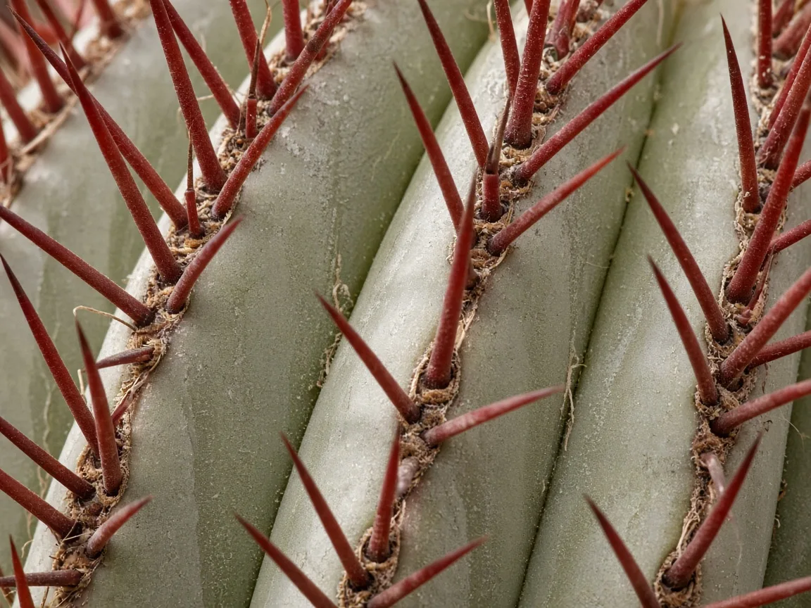 Close-up of washed-out chalky gray-green rib skin on a Barrel Cactus