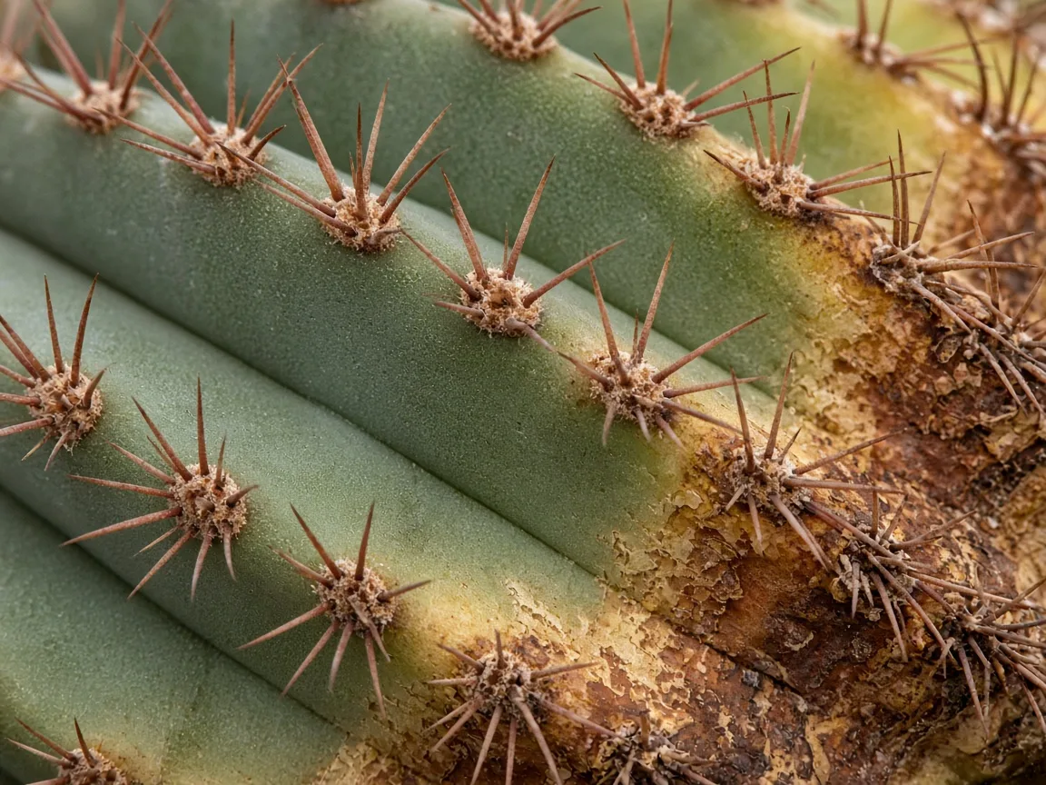 Close-up of potassium deficiency on Barrel Cactus - tan scorched margin on older lower rib skin