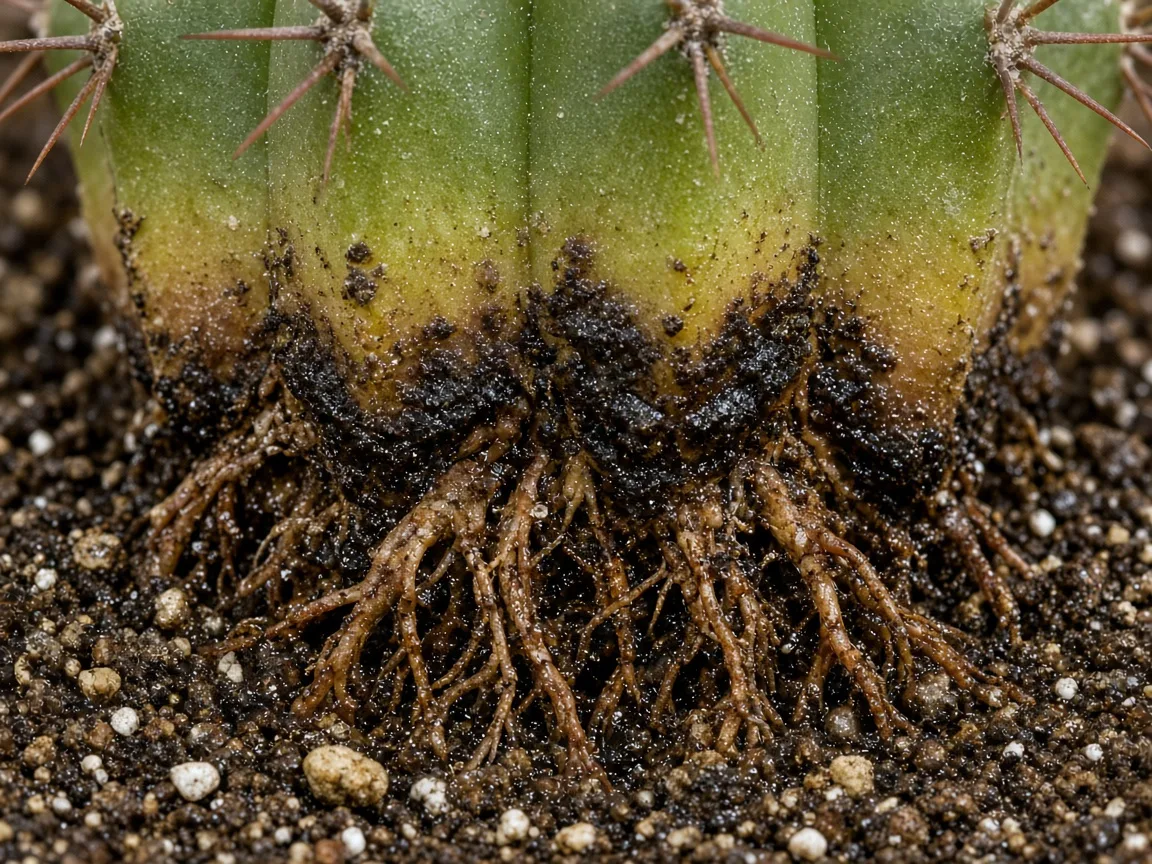 Close-up of soft black mushy tissue at soil line on ribbed barrel cactus roots