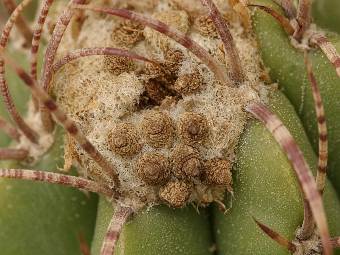 Close-up of tan scale insect bumps tucked into barrel cactus crown areoles between spine clusters