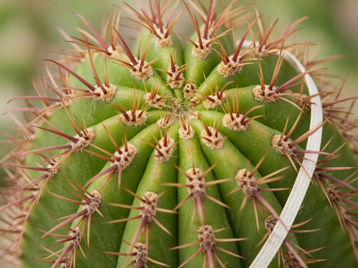 Close-up of a Barrel Cactus crown with minimal new spine growth beside a measuring tape on the rib