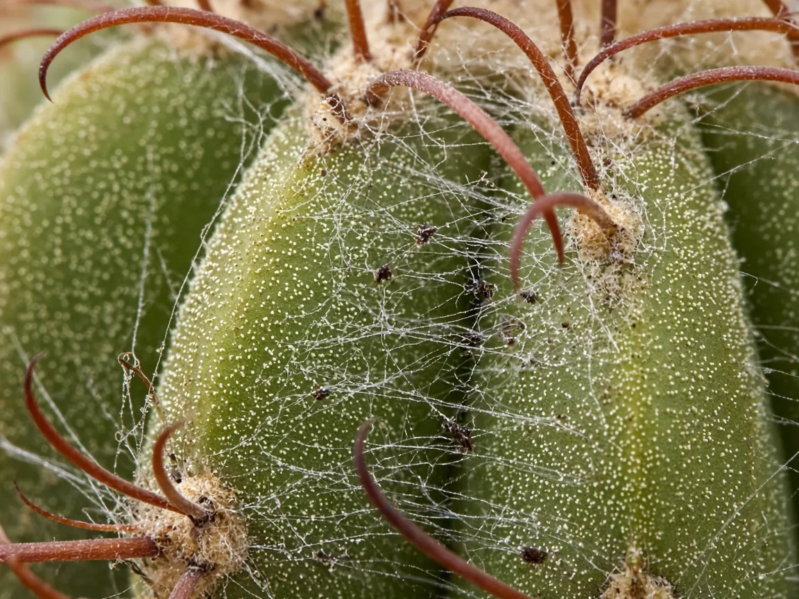 Close-up of fine spider mite webbing and pale stippling between spine clusters in barrel cactus rib grooves near the crown