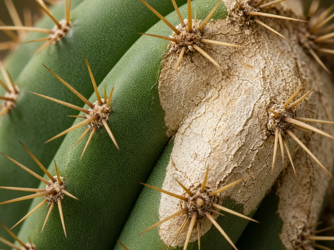 Close-up of sunburn on barrel cactus ribs - bleached tan patches on the sun-exposed Ferocactus epidermis