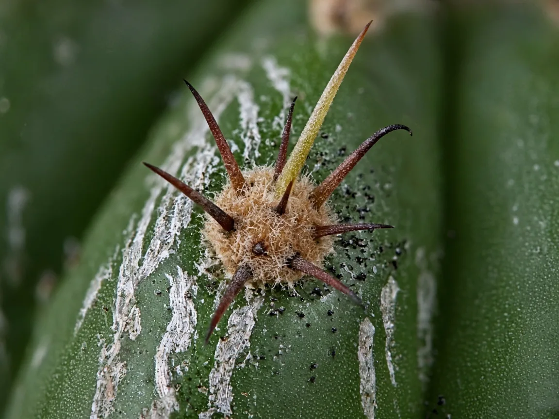 Close-up of thrips damage on Barrel Cactus - silvery streaks and black frass specks between spine pairs at a crown areole