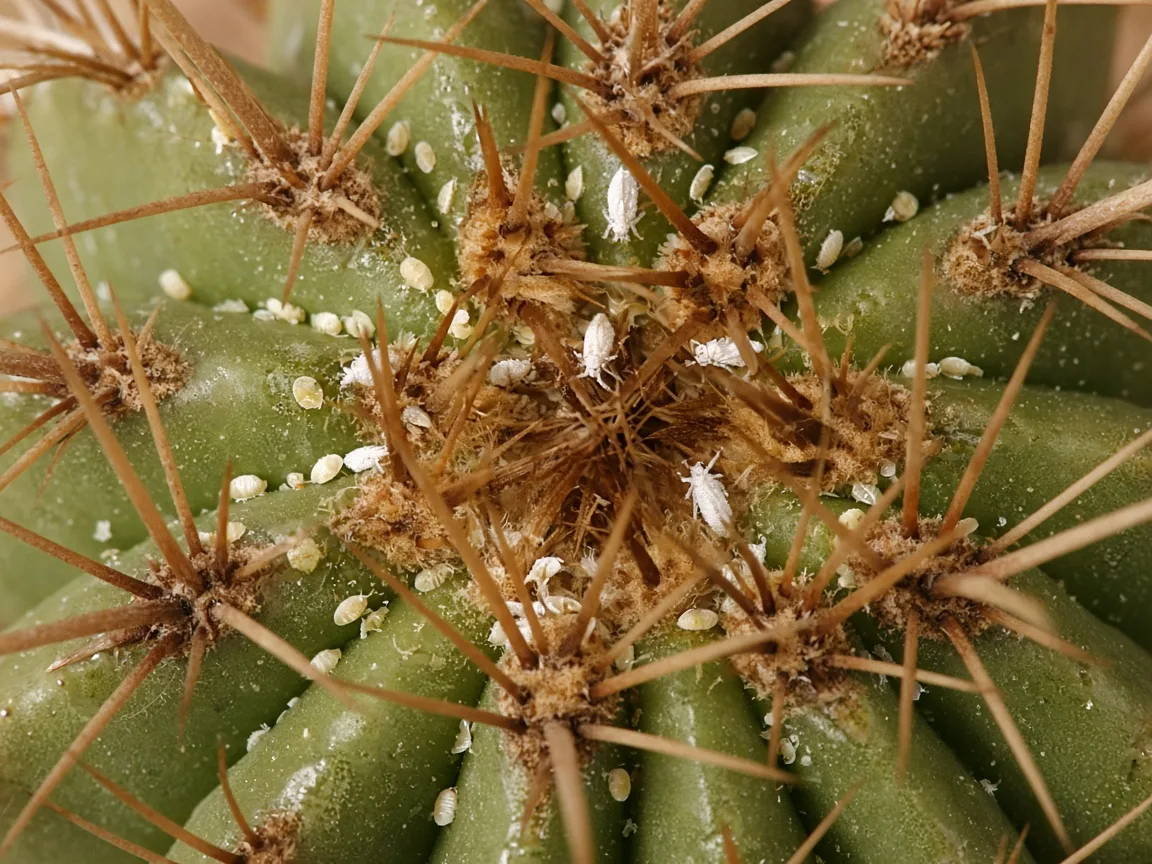 Close-up of whitefly adults and flat nymph disks at a barrel cactus crown between spine areoles