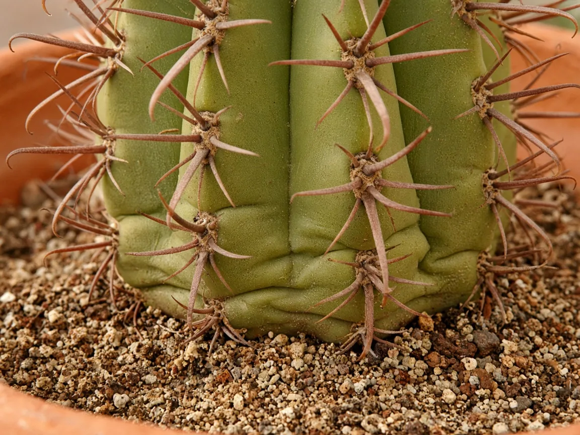 Close-up of deflated dull ribs and slight slump at the soil line on a ribbed barrel cactus