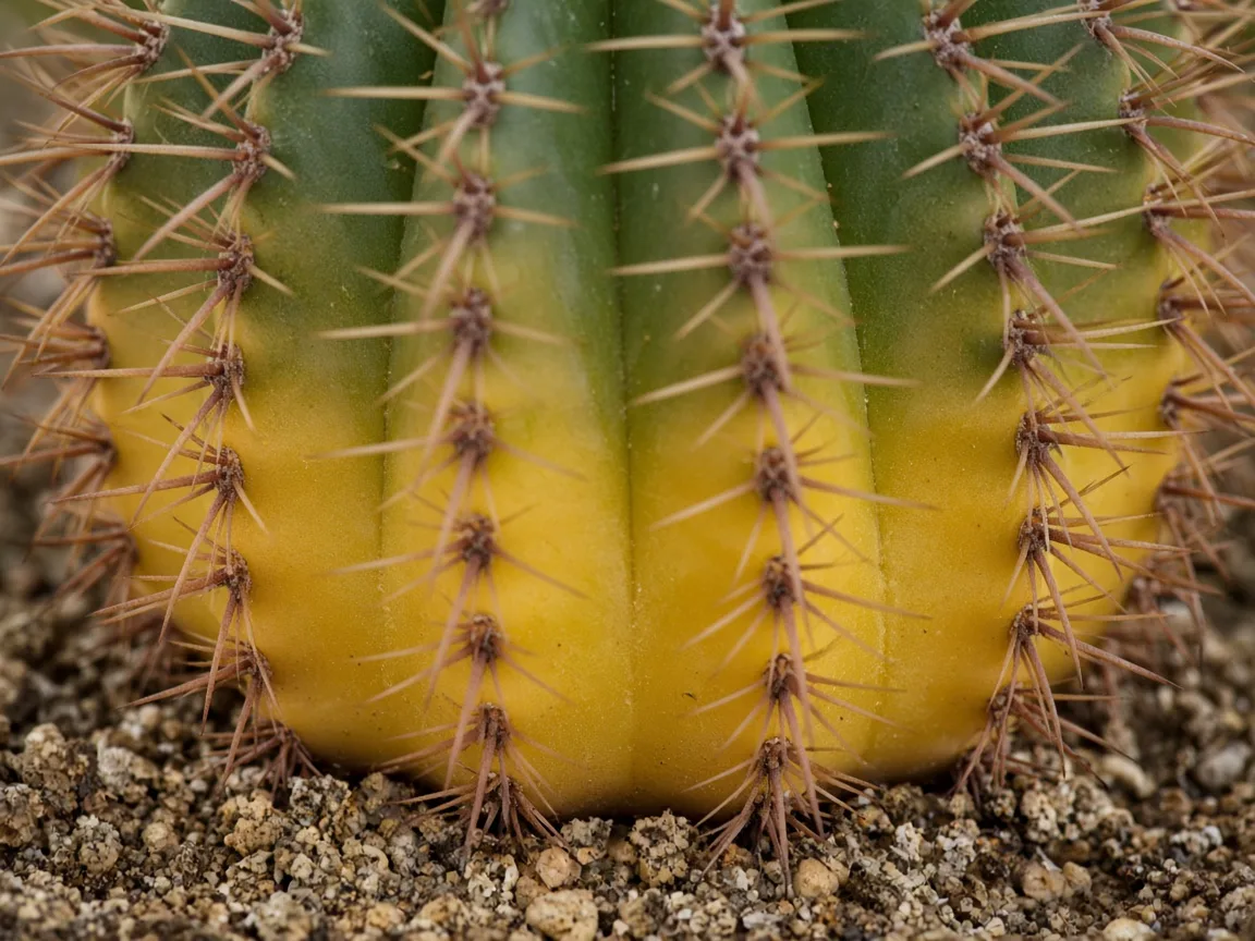Close-up of yellow translucent lower ribs at soil line on barrel cactus