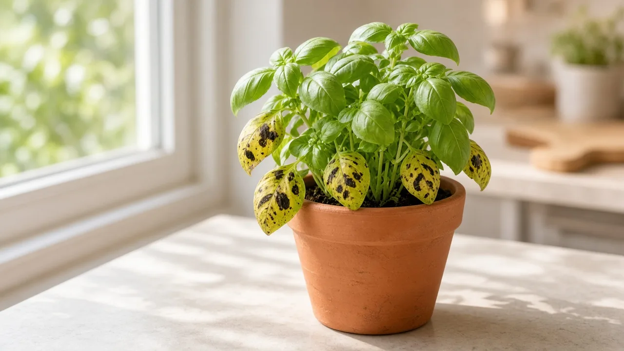 Black Spots on Basil - dark leaf spots on sweet basil in a sunny kitchen pot