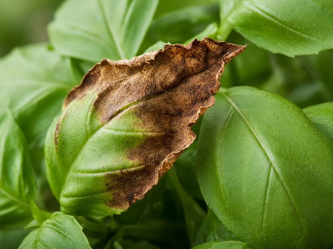 Close-up of Brown Leaves on Basil - diagnostic detail