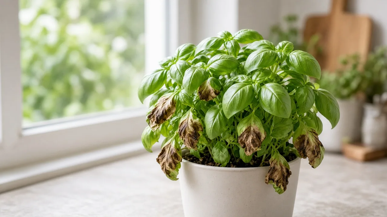 Brown Leaves on Basil - visible symptom on the plant