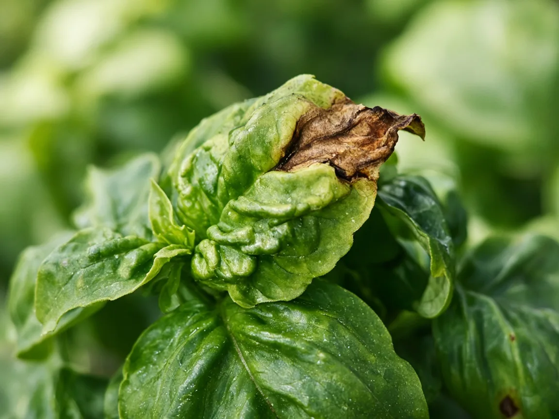 Close-up of calcium deficiency on basil - crinkled new top leaf with tip burn