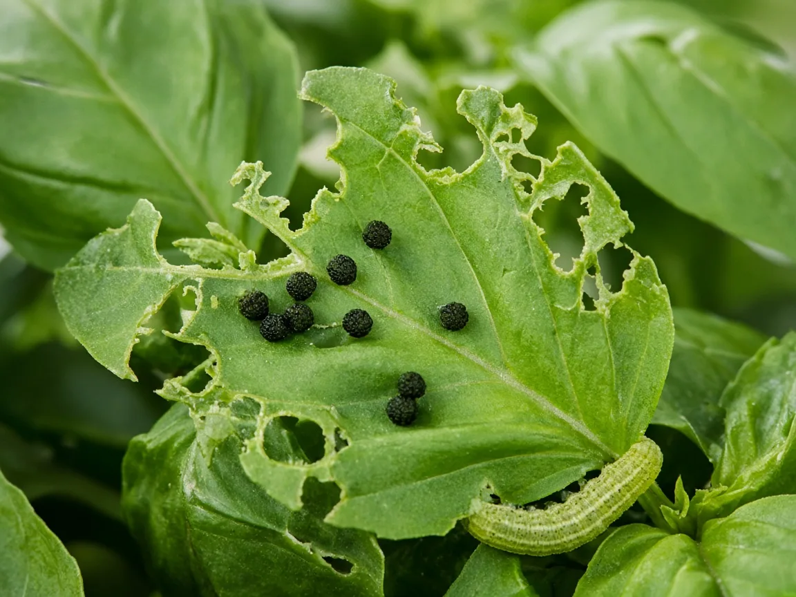 Close-up of caterpillar chew damage on Basil harvest leaves