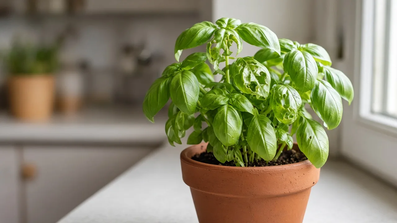 Caterpillars on Basil - ragged chew on harvest tips with frass