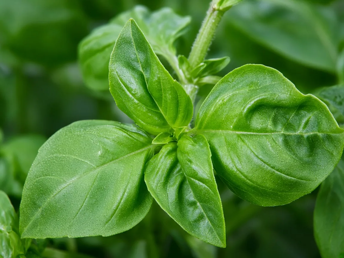 Close-up of curling leaves on Basil - cupped margins on harvest-tip foliage
