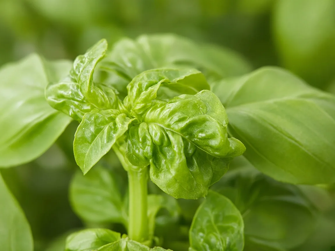 Close-up of distorted leaves on Basil - puckered twisted new growth at harvest tips