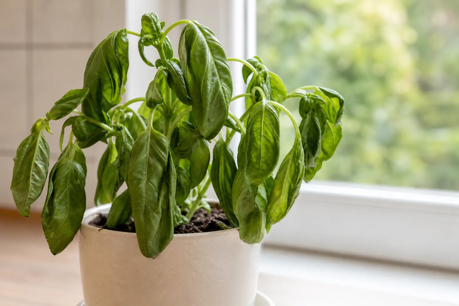 Drooping Leaves on Basil - visible symptom on the plant