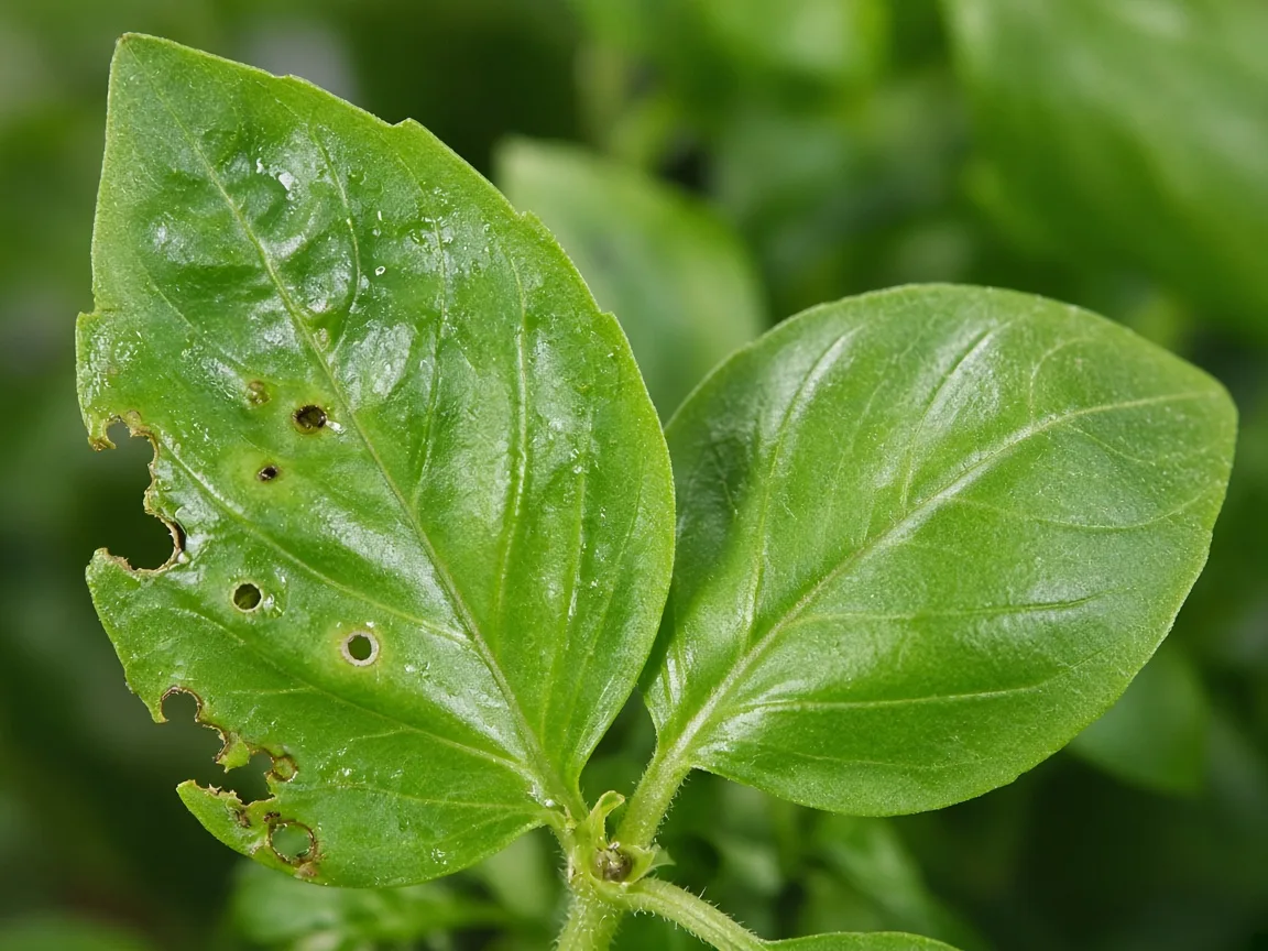 Close-up of holes in leaves on Basil harvest tips