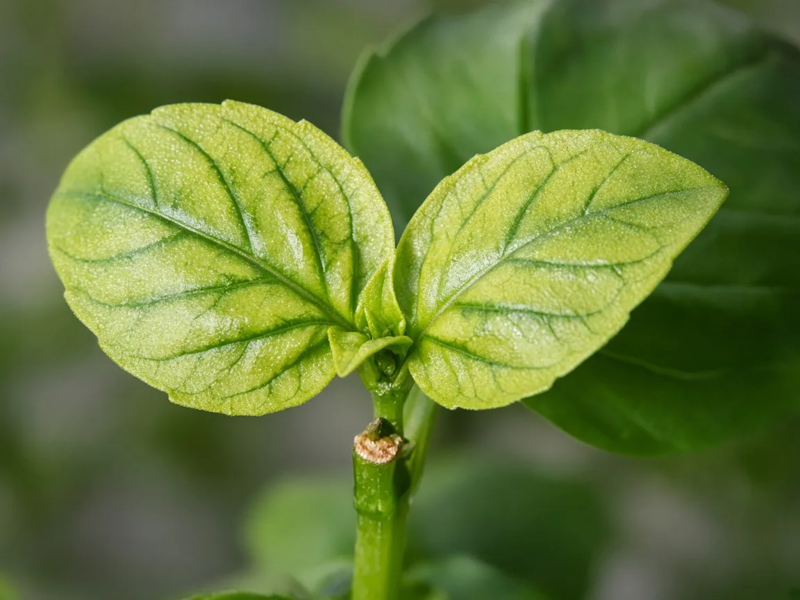 Close-up of interveinal chlorosis on a new basil leaf at a pinching site
