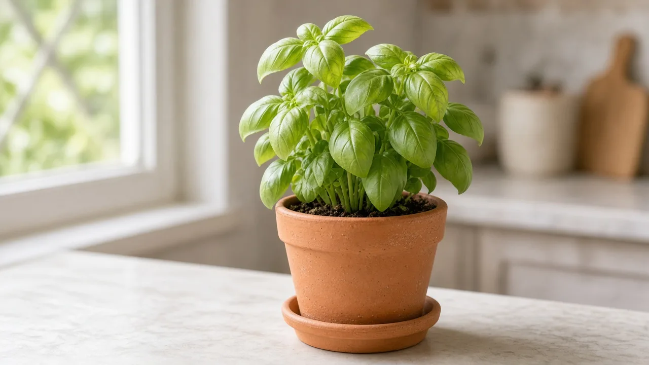 Iron deficiency on basil - pale new leaves with dark green veins at a pinching site on a sunny windowsill pot