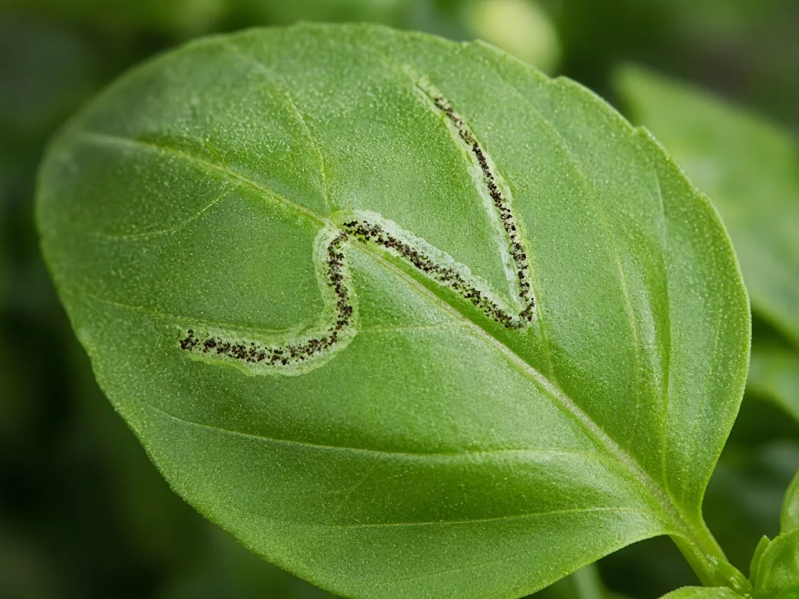 Close-up of leaf miner serpentine tunnel inside a basil leaf