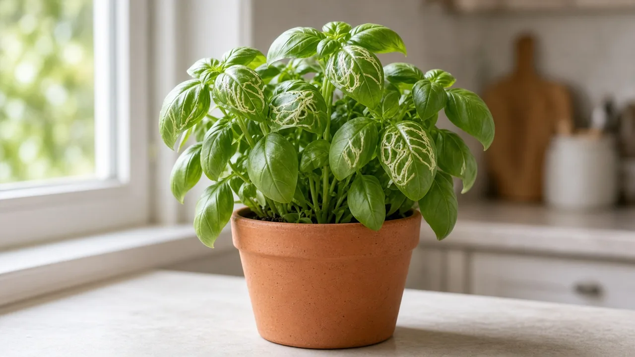 Leaf miners on Basil - pale serpentine tunnels visible inside green aromatic herb leaves on a sunny windowsill pot