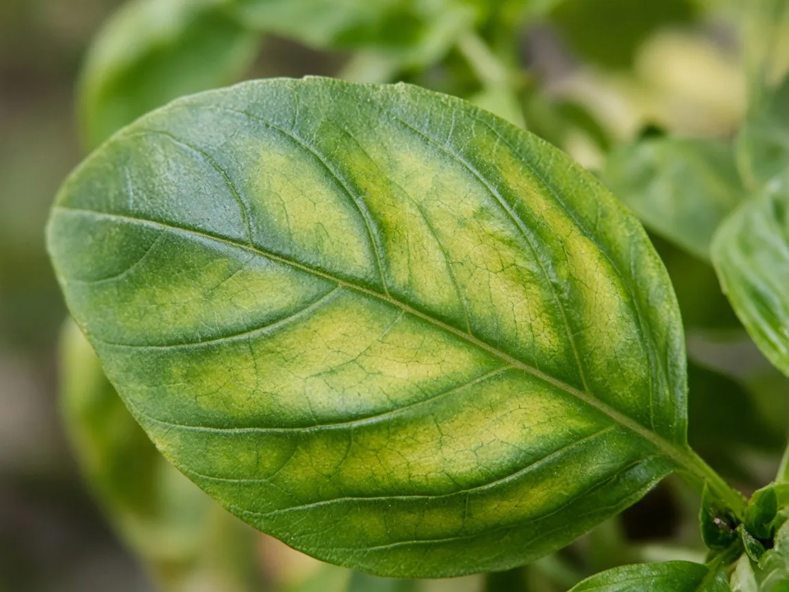 Close-up of magnesium deficiency on basil - interveinal chlorosis on older lower leaf