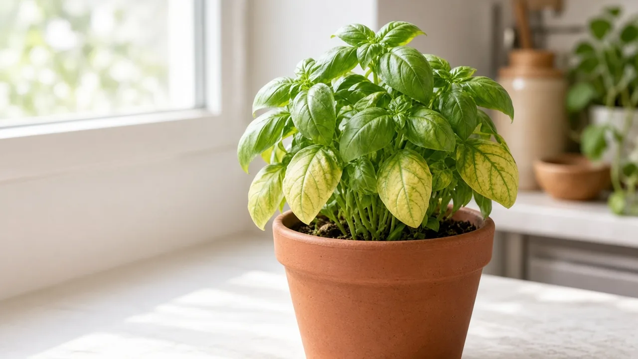 Magnesium deficiency on basil - yellow tissue between green veins on older lower leaves