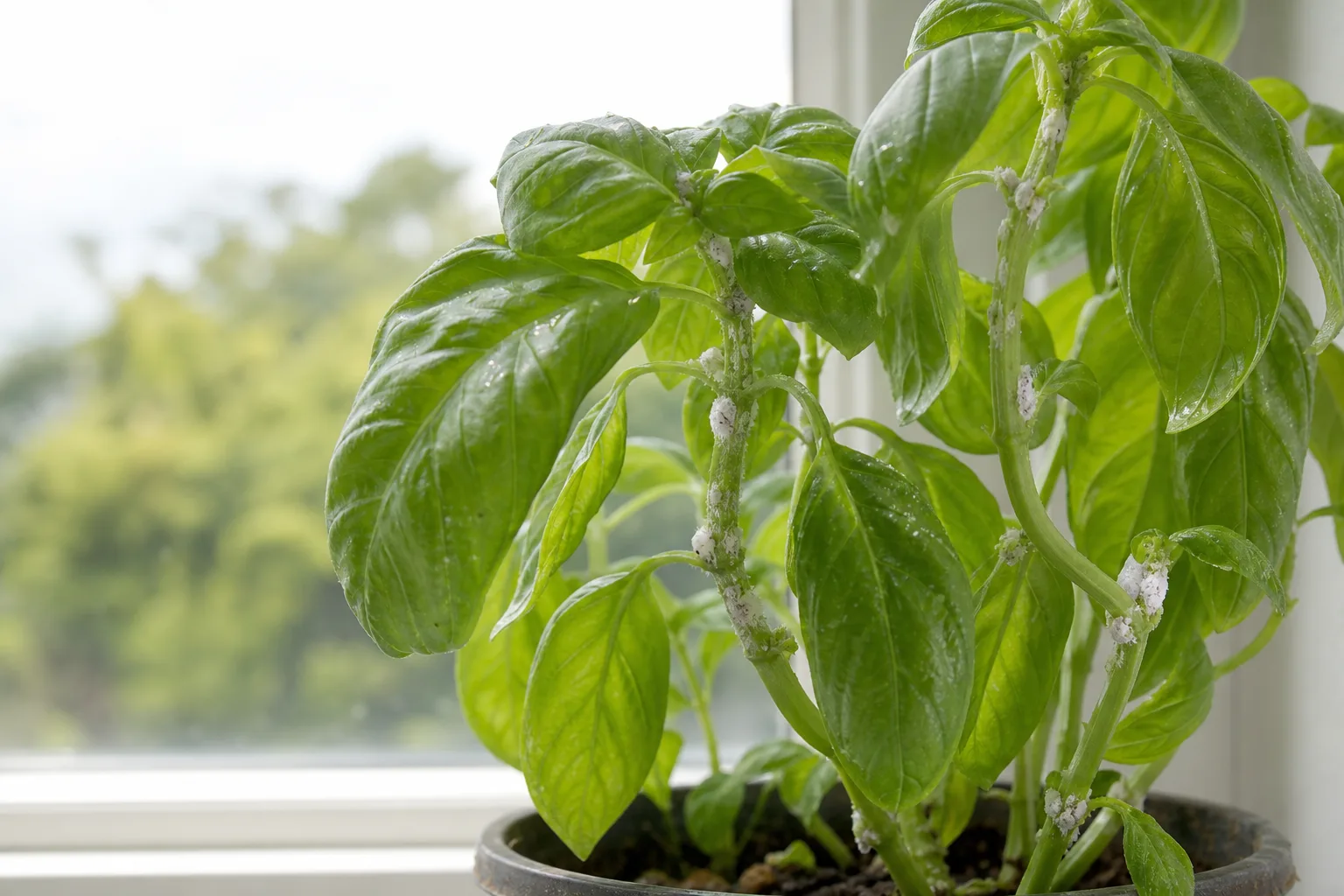 Mealybugs on Basil - visible symptom on the plant