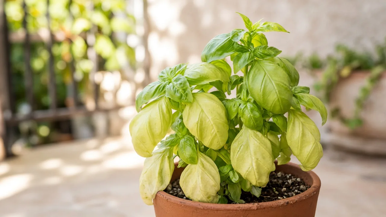 Nitrogen deficiency on basil - pale lower leaves with thin new top shoots