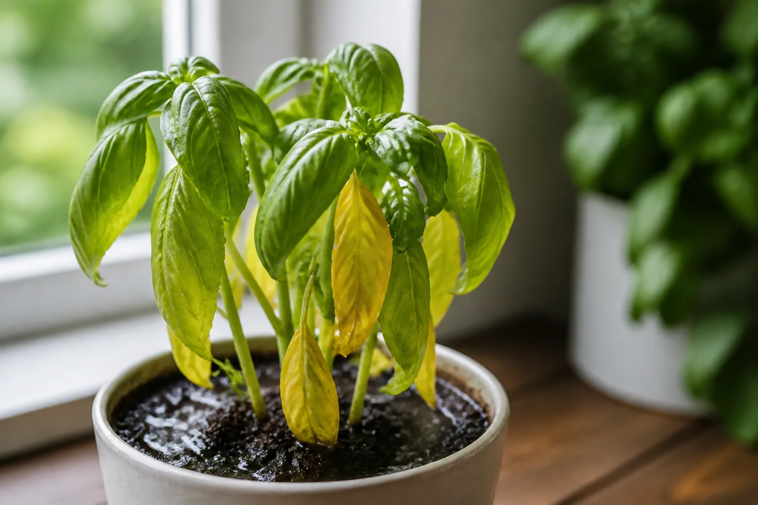 Overwatering on Basil - visible symptom on the plant